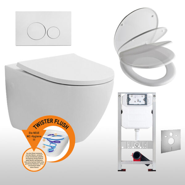Spülrandloses Wand-WC Set Twister Flush komplett inkl. Burda WC-Montageelement mit <br>UP-Spülkasten Pur <br>+ Betätigungsplatte