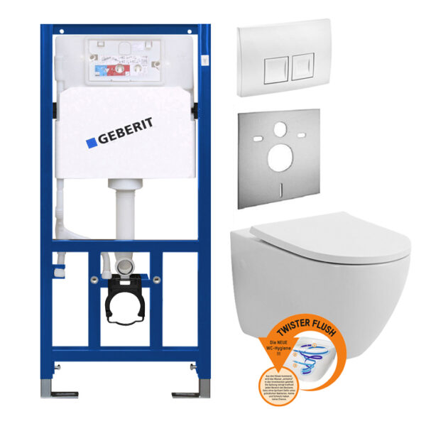 Sanwand WC-Element mit Geberit UP-Spülkasten Delta + spülrandloses Wand-WC Set Twister Flush + Betätigungsplatte Delta35