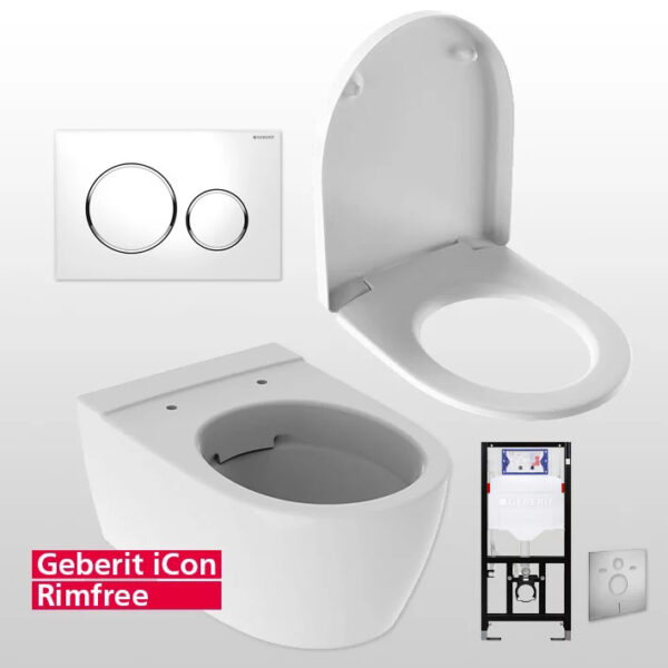 Geberit iCon Tiefspüler Rimfree WC-Set komplett inkl. Sanwand WC Vorwandelement mit <br>UP-Spülkasten Sigma <br>+ Betätigungsplatte <br>Sigma20 Round